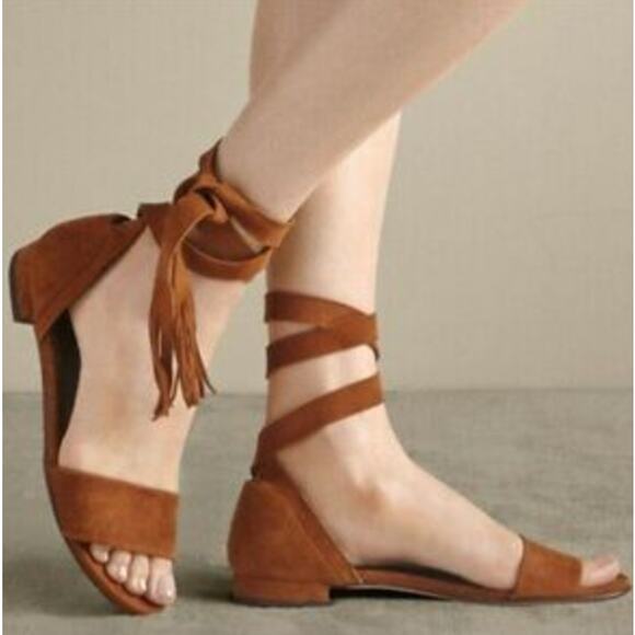 Stuart Weitzman Suede Brown Wrap Sandal Flats - Picture 1 of 8